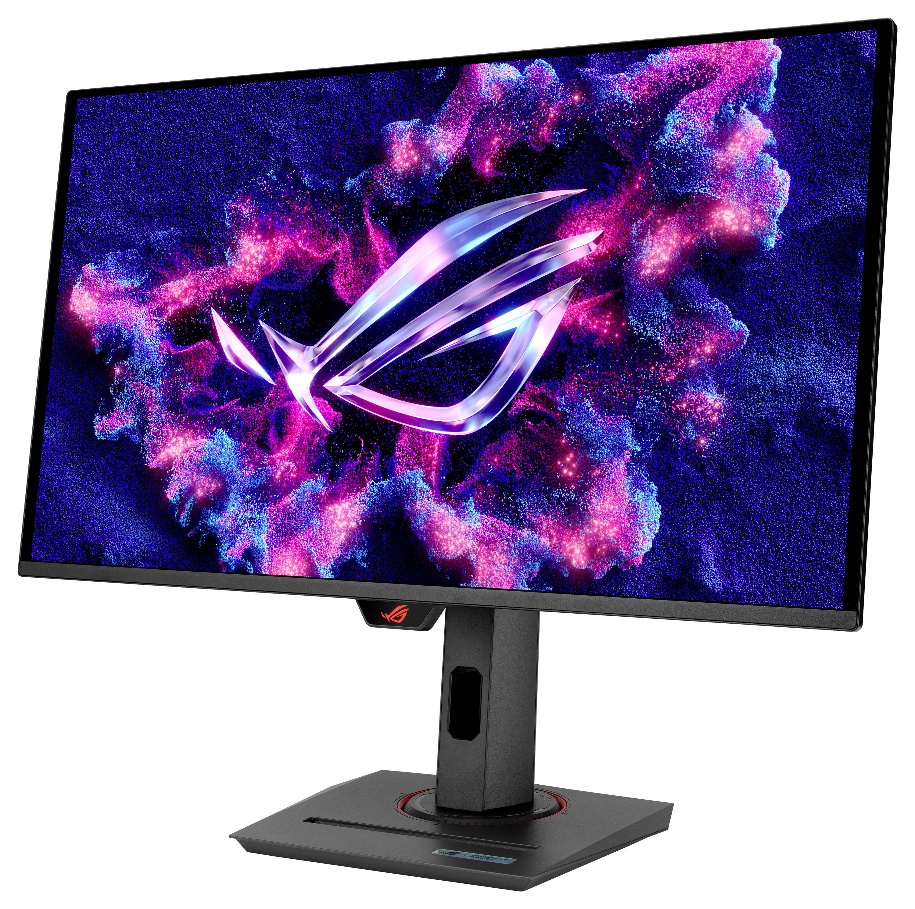 Un monitor del computer con un logo luminoso su uno sfondo colorato. Il design mostra una 'R' e una 'G' stilizzate.
