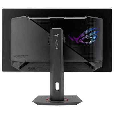 Un monitor da gaming visto da dietro con logo RGB sul retro. Il supporto è massiccio e reca la sigla 'ROG'.