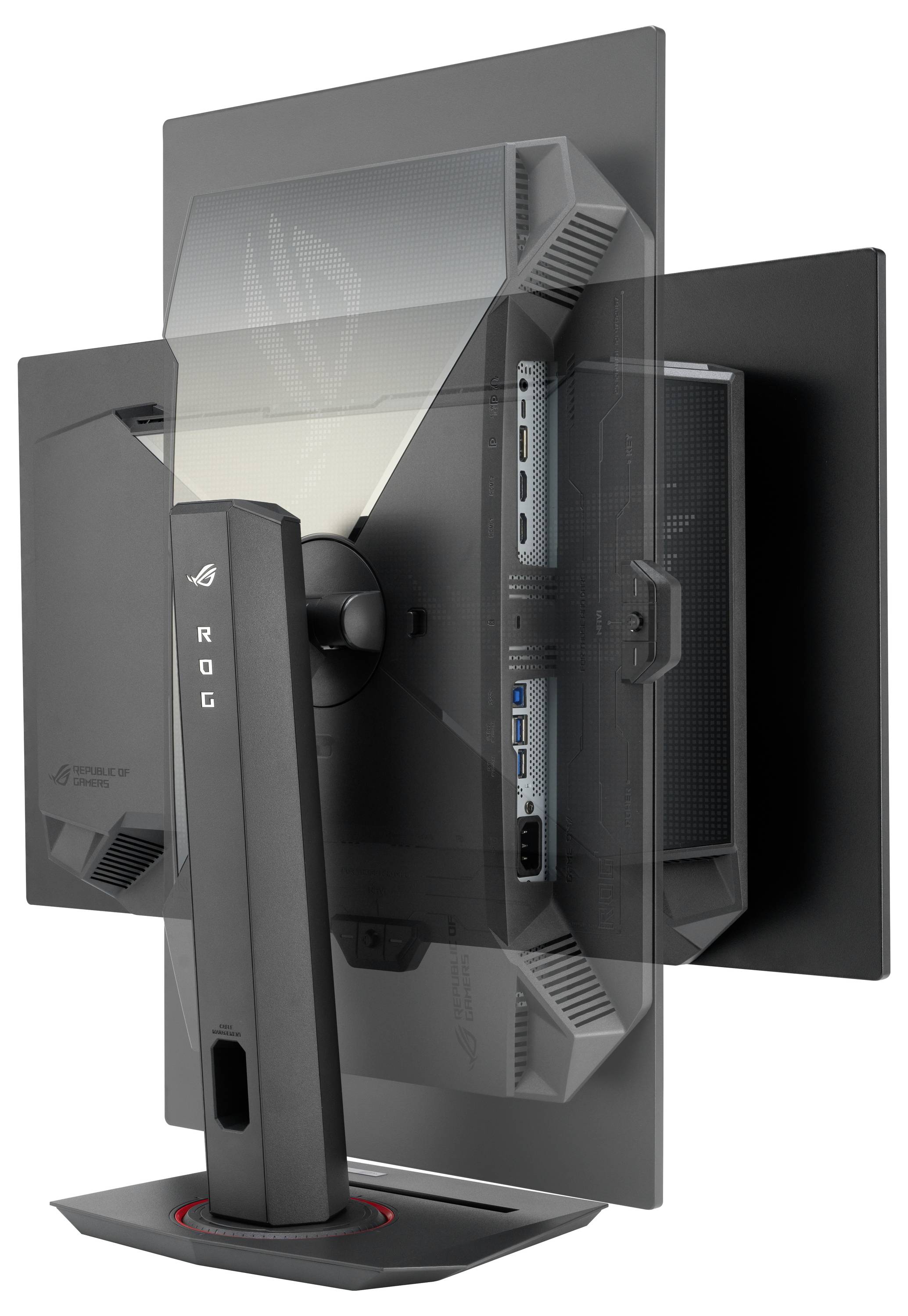 Un monitor con schermo ruotabile è mostrato da dietro. Sono visibili diversi porte di connessione e un supporto stabile e regolabile.