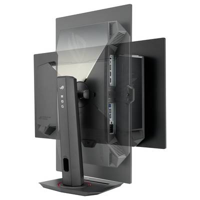 Un monitor con schermo ruotabile è mostrato da dietro. Sono visibili diversi porte di connessione e un supporto stabile e regolabile.