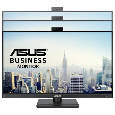 Un monitor aziendale ASUS mostra una vista cittadina con grattacieli sullo sfondo. In alto è installata una piccola telecamera.