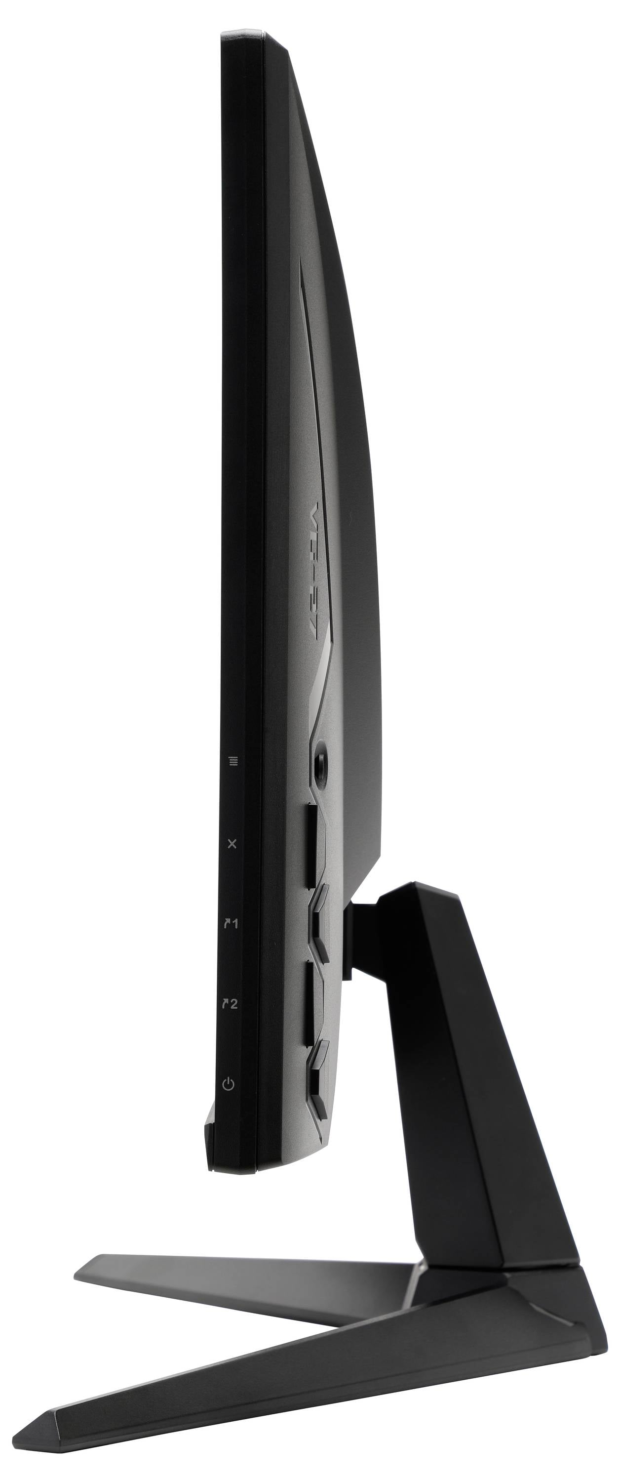Un monitor per computer sottile e nero visto di lato, poggiato su un supporto stabile. I pulsanti dello schermo sono visibili lungo il bordo.