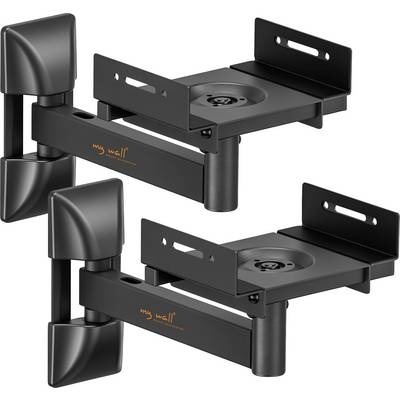 Due supporti da parete neri per altoparlanti, con design moderno e regolabile, adatti a diverse dimensioni di speaker.