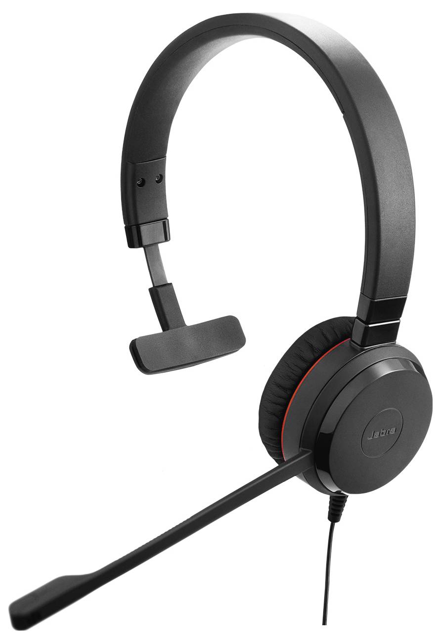 Un headset nero e rosso con archetto regolabile e braccio del microfono. Ideale per telefonate o comunicazioni via computer.