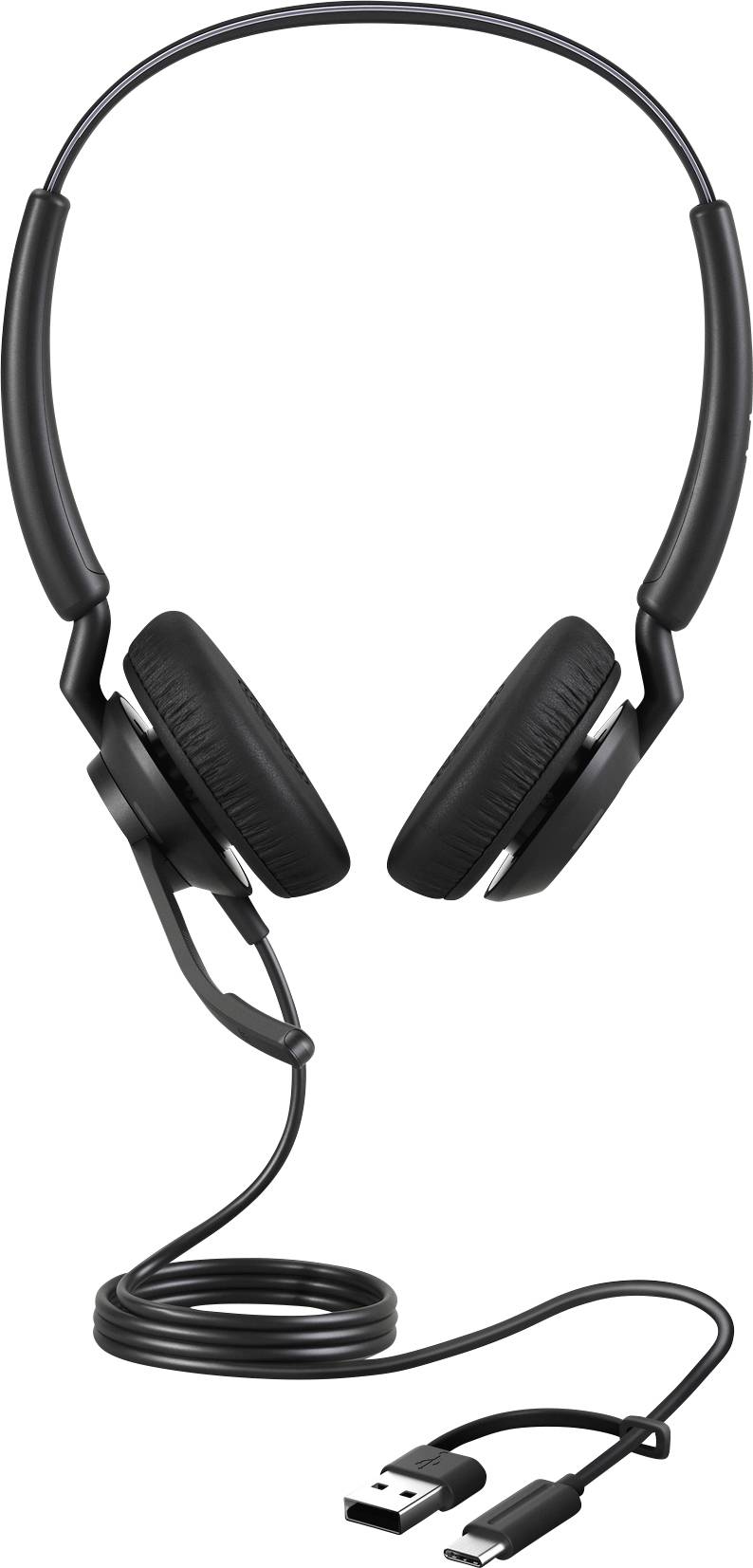 Cuffie USB nere con padiglioni imbottiti e microfono regolabile, adatte per computer e laptop.