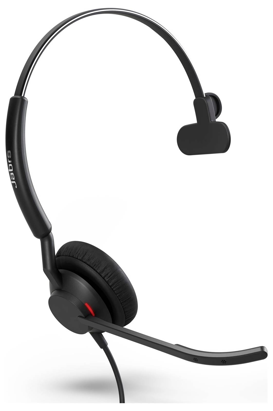 Un headset nero monoaurale con braccio microfonico e imbottitura sull'auricolare. Progettato per la comunicazione professionale.