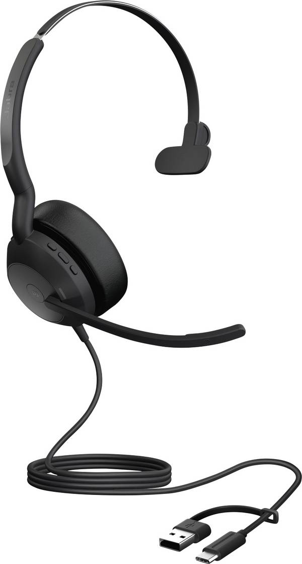 Jabra Evolve2 50 Cuffie On Ear via cavo, Bluetooth Mono Nero Riduzione del rumore del microfono, Eliminazione del rumore headset con microfono, Mono, Muto, regolazione del volume Telefono