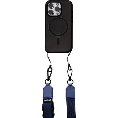 Uno smartphone con custodia nera e laccetto blu. Il retro mostra un'area di ricarica rotonda e tre obiettivi della fotocamera.