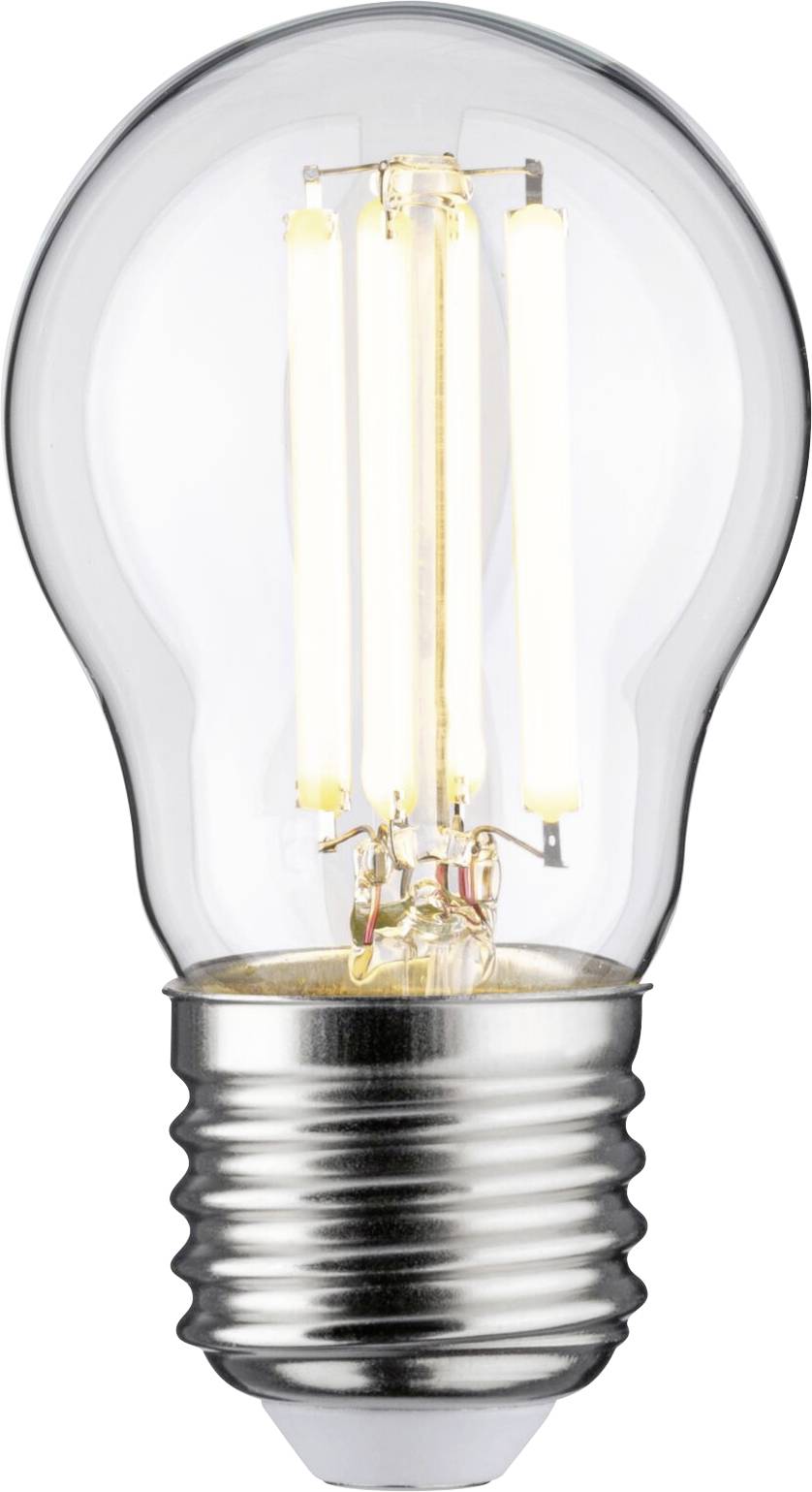Lampadina a LED con filamenti, accesa, su sfondo bianco. La lampadina ha una forma tradizionale ed emana una luce bianca calda.