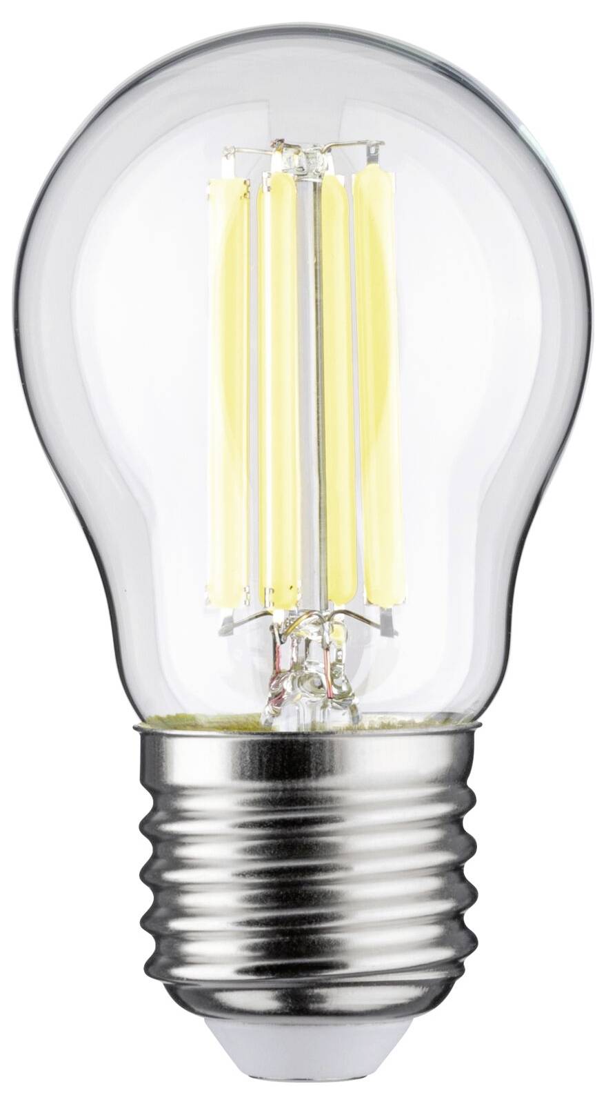 Una lampadina con filamenti LED, ampolla di vetro trasparente e attacco metallico, mostra la moderna tecnologia di illuminazione.