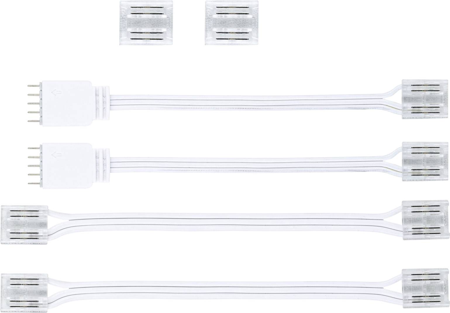 Tre cavi di prolunga per strisce LED bianche con connettori e due tappi terminali sono disposti uno accanto all'altro.
