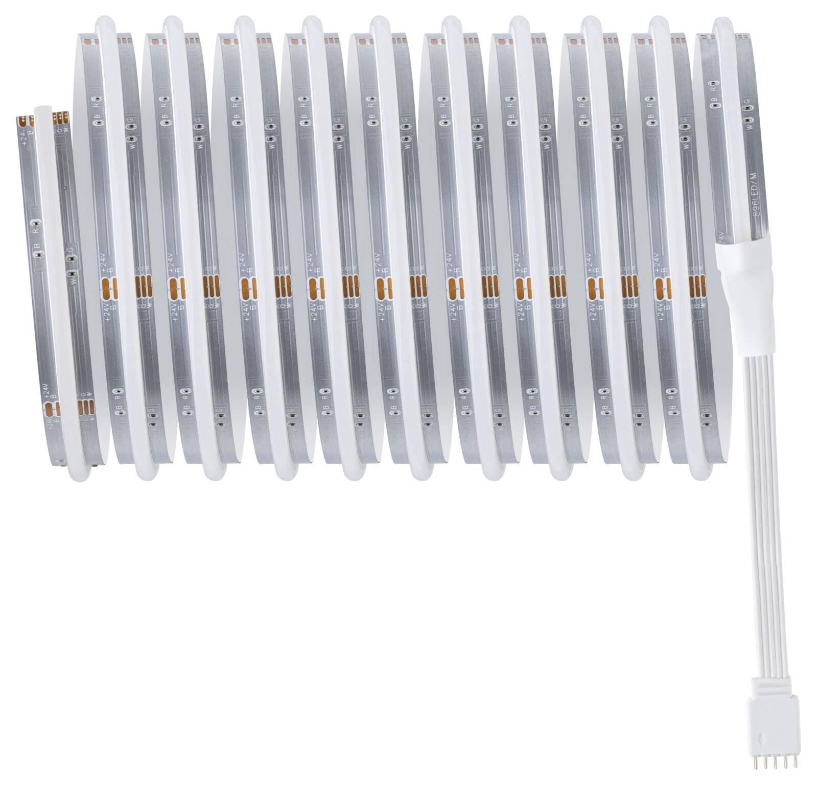 Striscia luminosa LED disposta a spirale con un cavo di connessione bianco su un lato.