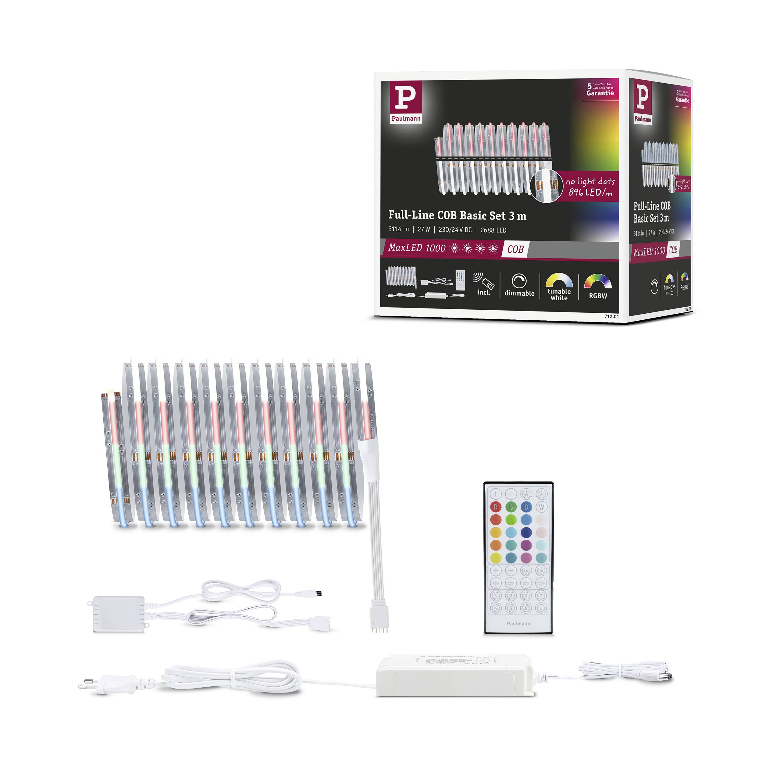 Striscia LED Full-Line COB Set Base 3m con telecomando, alimentatore e cavo di connessione. La confezione mostra gli effetti luminosi e le specifiche.