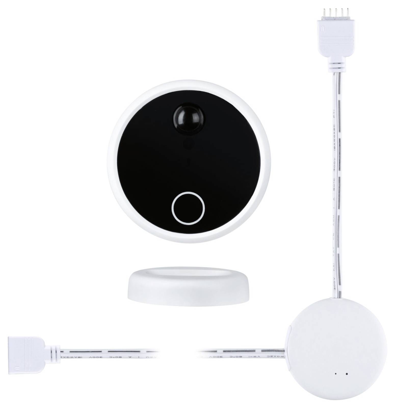 Un dispositivo smart home rotondo, nero, con una fotocamera al centro e una cornice bianca. Ha un cavo USB e una stazione base circolare.