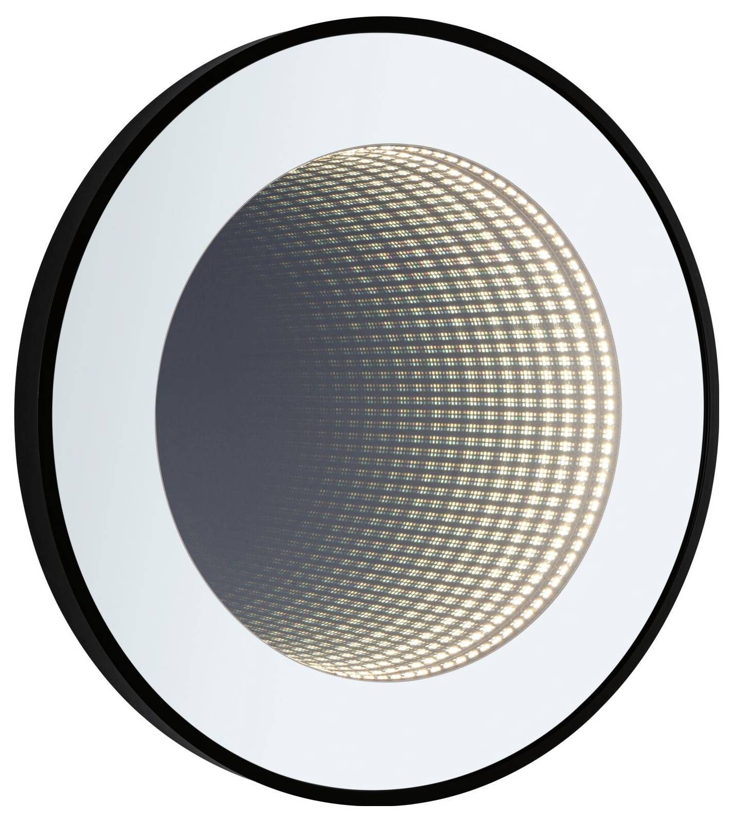 Uno specchio rotondo con un anello luminoso al centro che crea un'illusione profonda e simile a un tunnel.