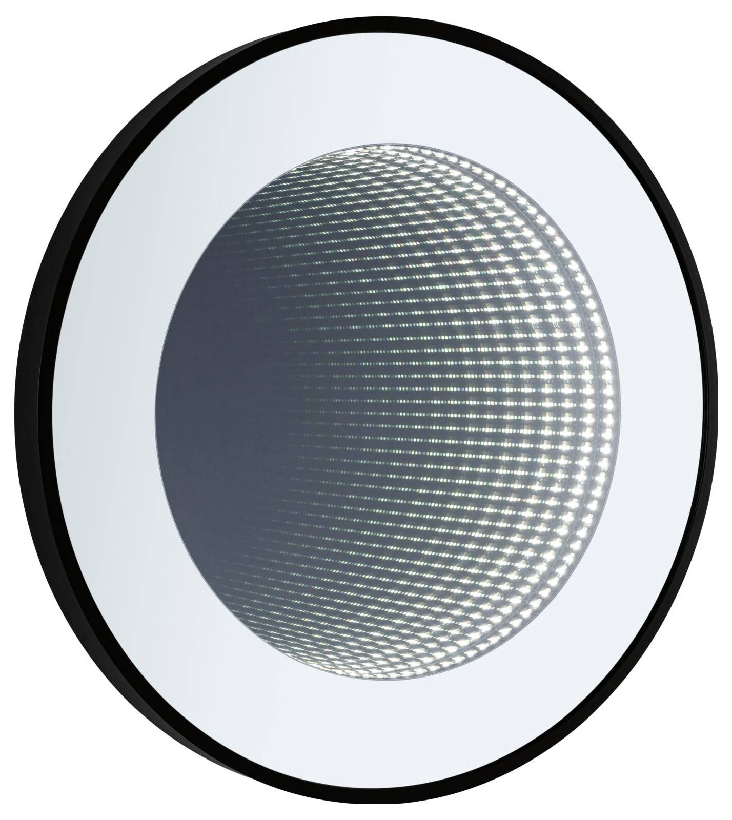 Uno specchio circolare con un effetto di infinito ottico, generato da luci riflesse che si propagano in profondità.