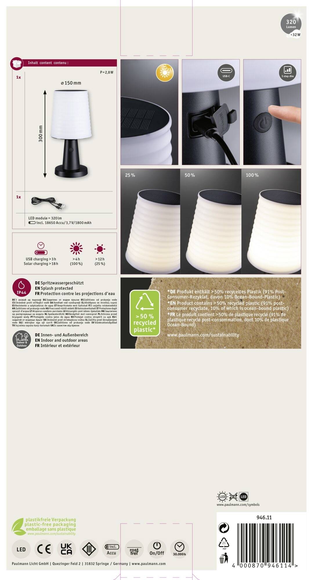 Confezione di una lampada LED: Immagine della lampada, specifiche come dimensioni e potenza. Simboli che illustrano funzioni come regolazione dell'intensità e efficienza energetica.