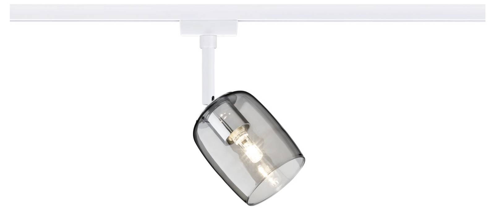 Un lampadario con una cupola cilindrica in vetro grigio fumo, montata su una guida bianca.