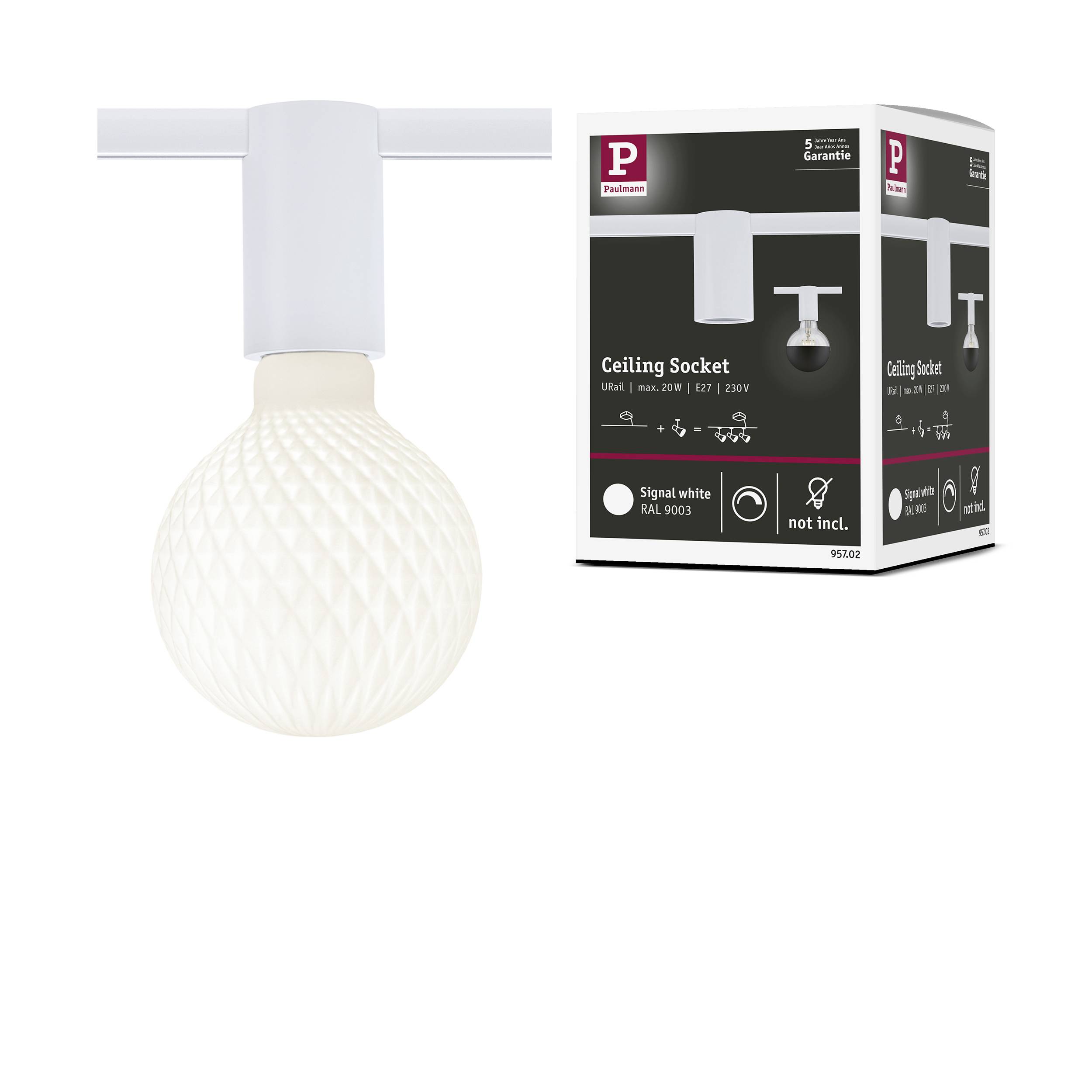 Una copertura del soffitto bianca con paralume sferico accanto alla confezione. La confezione mostra il prodotto e riporta il testo: 'Attacco a soffitto', 'Bianco segnale RAL 9003'.