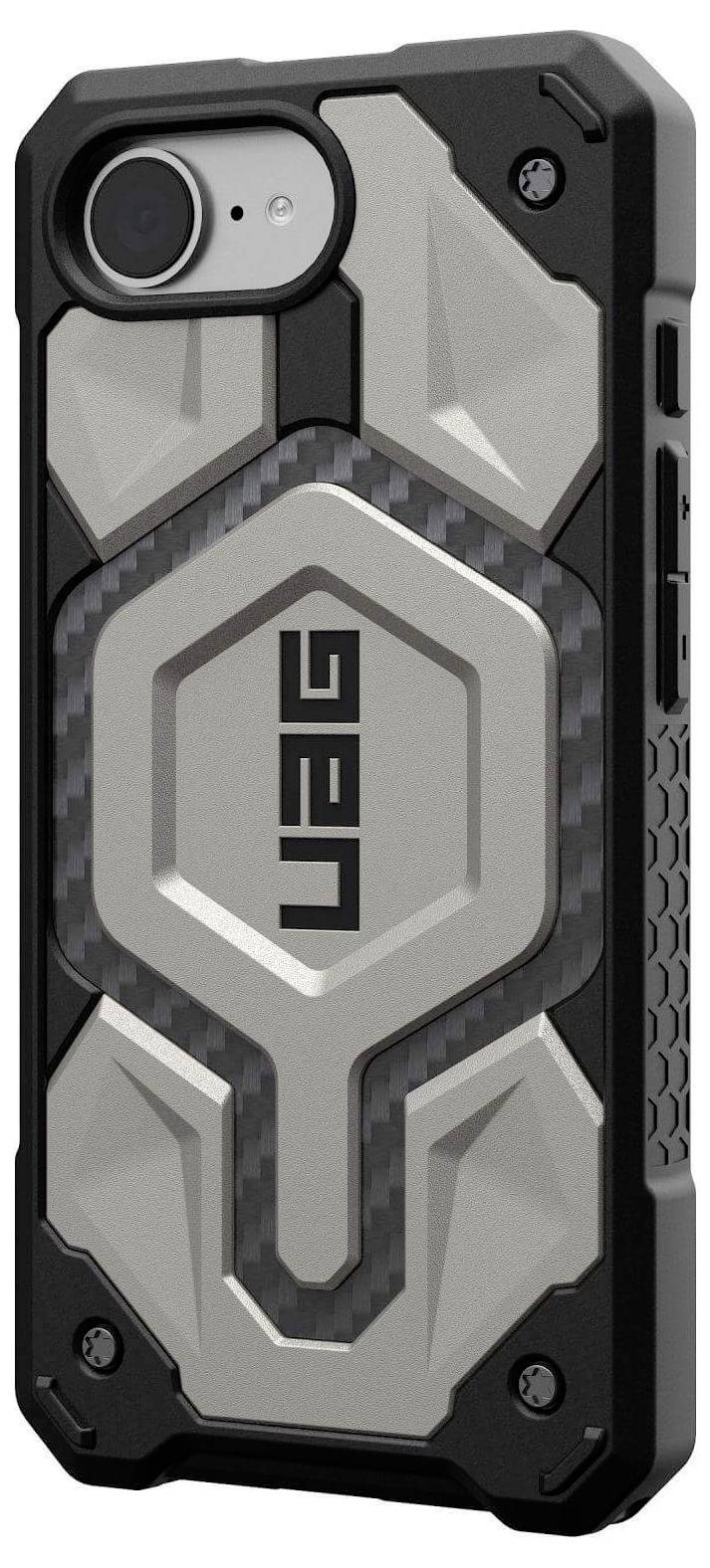 Cover protettiva per smartphone, design robusto, motivo nero-grigio, marca 'UAG'. Protezione da urti e graffi.