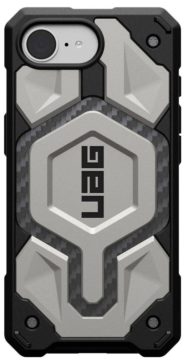 Cover per iPhone dal design moderno e robusto. Caratterizzata da motivi geometrici in grigio e nero. Marchio 'UAG' visibile.
