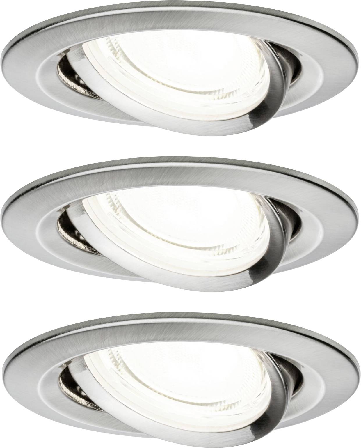 Tre faretti tondi argentati disposti in fila. Sono orientabili e realizzati in metallo spazzolato.