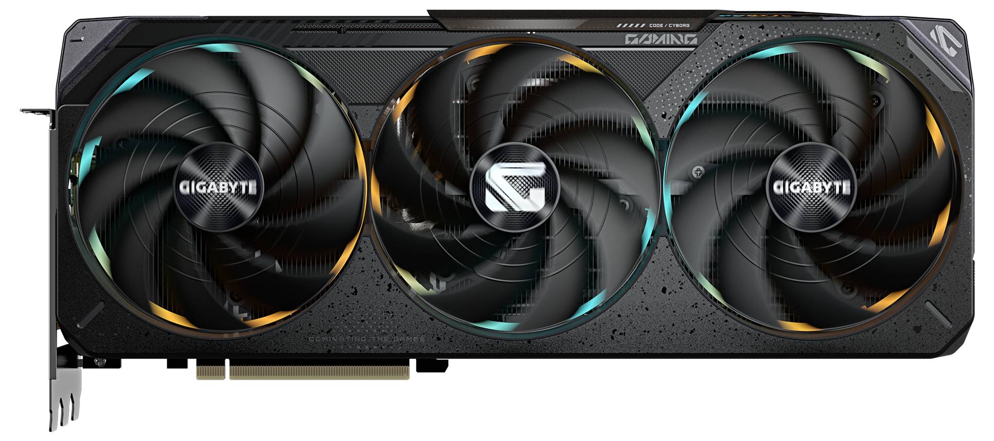 Tre ventole di una scheda grafica da gaming Gigabyte, con illuminazione RGB, superficie nera e design moderno.
