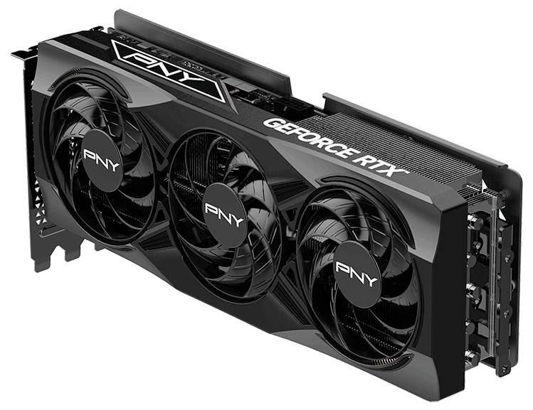 Una scheda grafica nera con la scritta 'PNY GeForce RTX' e tre ventole.