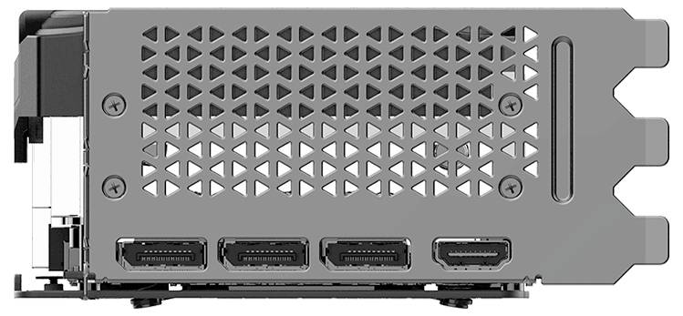 'Scheda grafica con quattro DisplayPort e un design a griglia ventilato per il raffreddamento.'