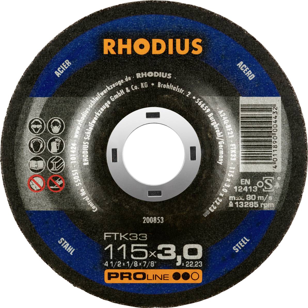 Disco abrasivo con scritta 'RHODIUS', diametro 115 mm, spessore 3,0 mm. Adatto per acciaio, velocità massima 13.285 giri al minuto.