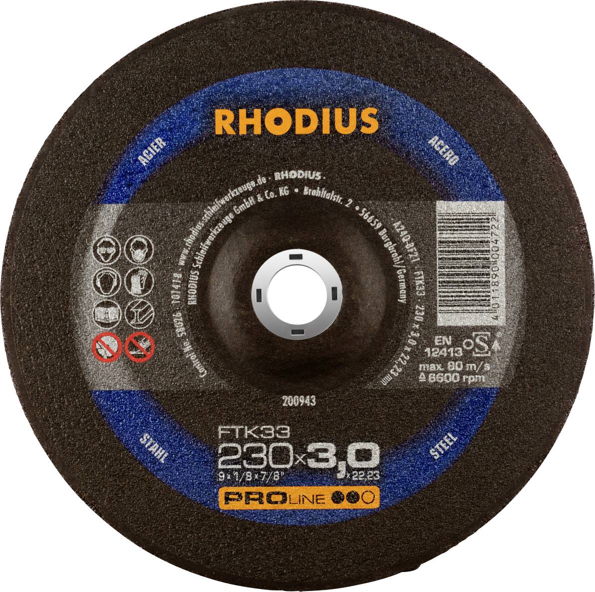 Disco da taglio Rhodius per lavorazione dei metalli, contrassegnato con simboli per l'uso e le misure di protezione, dimensioni 230x3 mm.