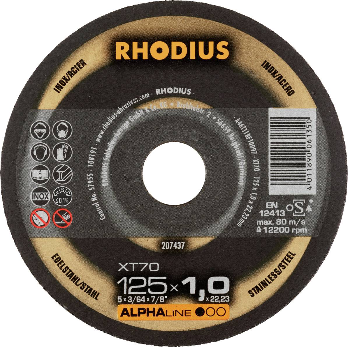 Disco abrasivo 'RHODIUS' per acciaio inossidabile, diametro 125 mm, spessore 1,0 mm, certificato EN 12413, velocità massima 80 m/s a 12200 giri/min.