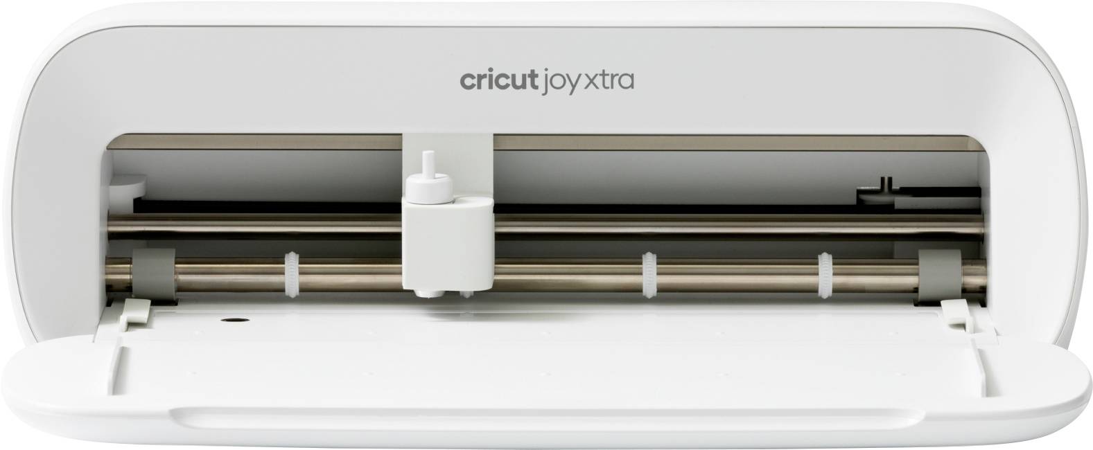 Un dispositivo Cricut Joy Xtra bianco mostra l'unità di taglio aperta con rulli e supporto per lama.