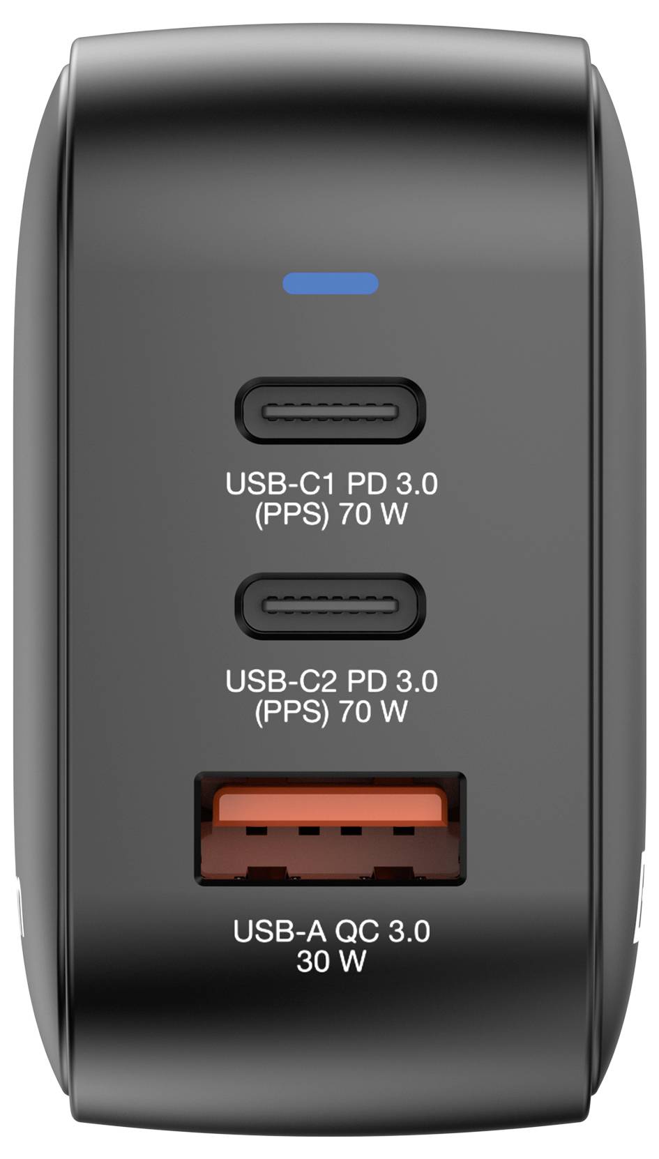 Caricabatterie nero con due porte USB-C che supportano ciascuna 70 W e una porta USB-A da 30 W. Tutte le porte sono compatibili con PD 3.0.