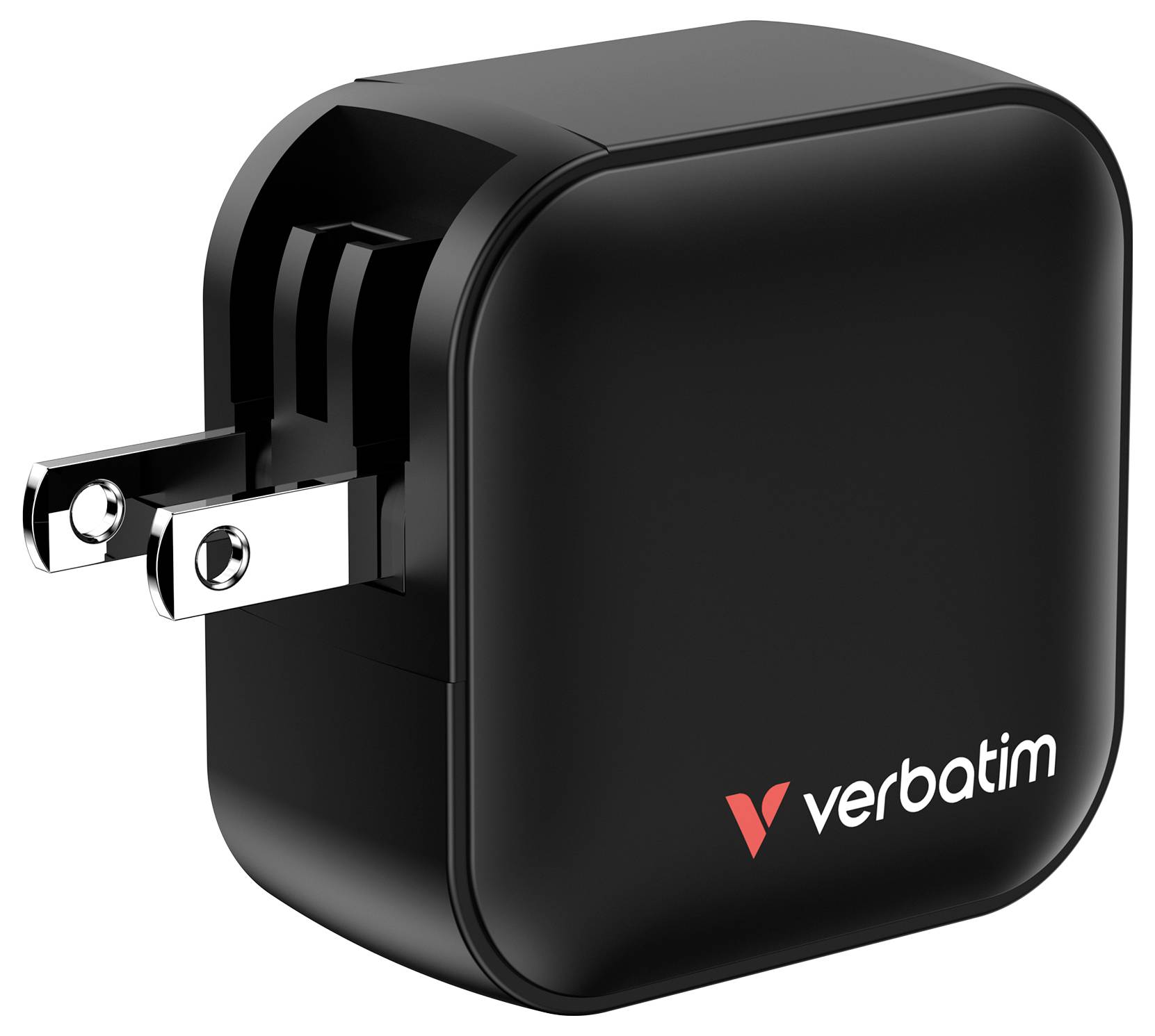 Caricabatterie USB Verbatim nero con contatti di alimentazione pieghevoli.