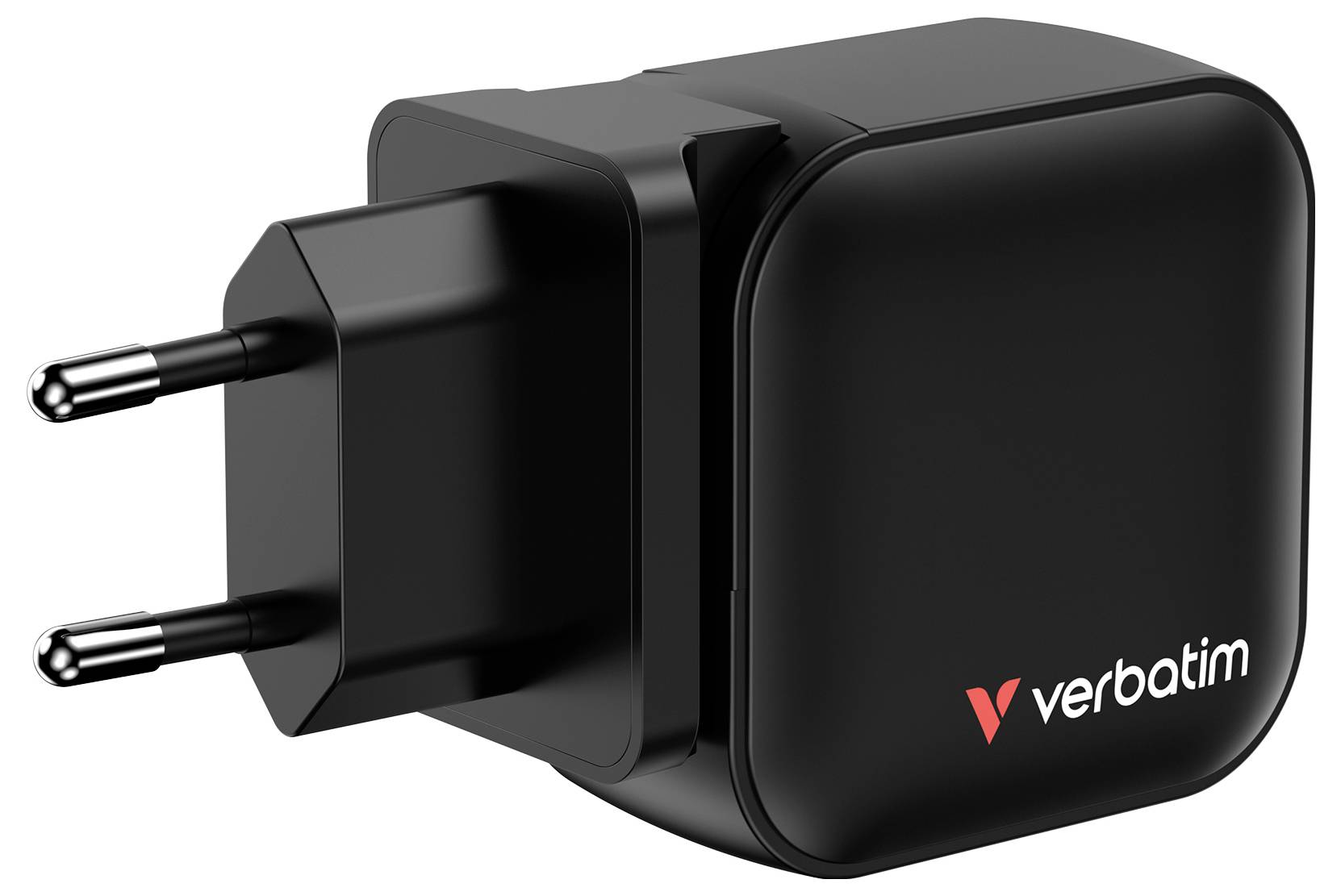 'Caricabatterie USB nero con logo Verbatim; spina europea.'
