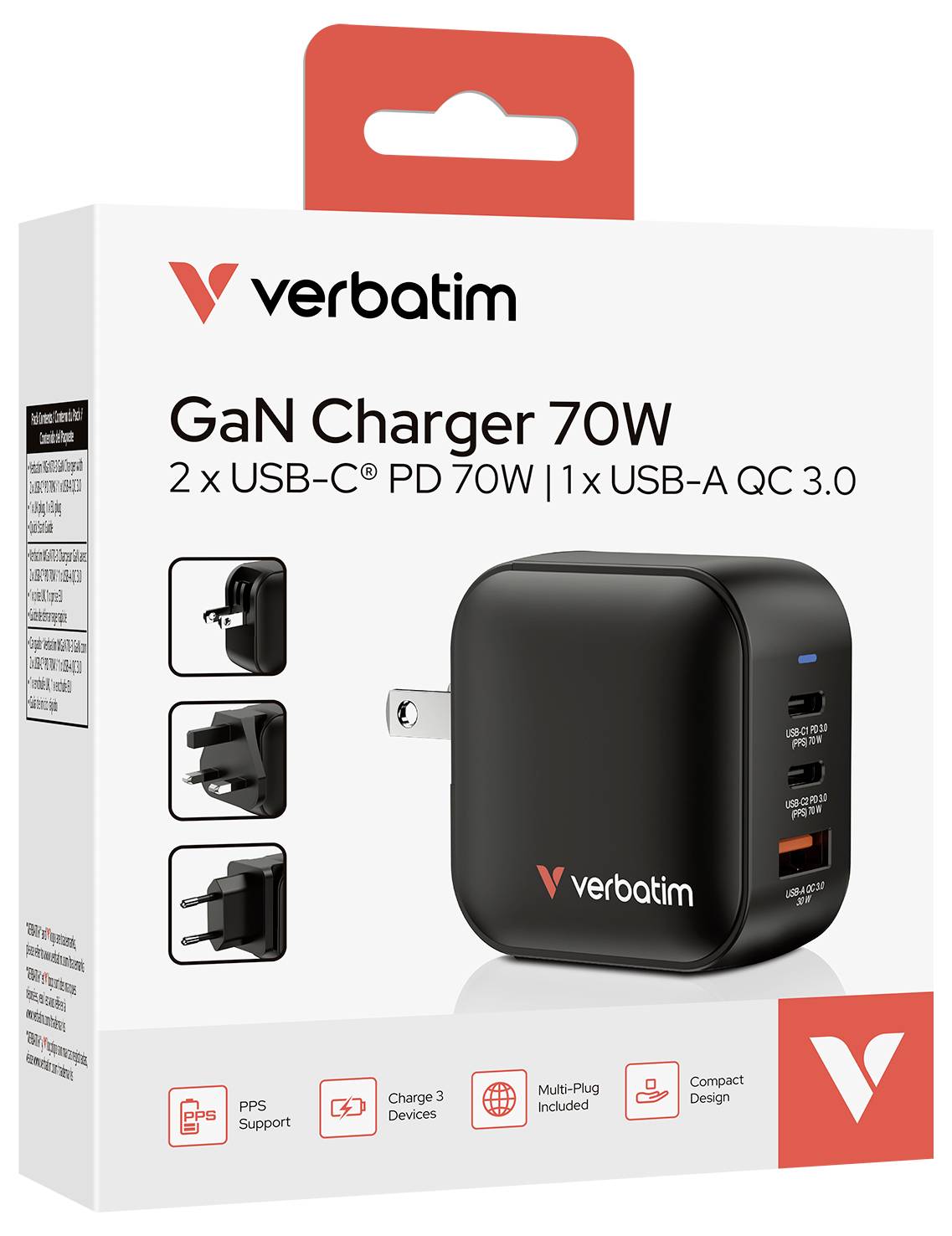 Caricabatterie Verbatim GaN 70W: Include 2 porte USB-C con PD 70W e 1 porta USB-A QC 3.0. Design compatto, supporto per PPS, multi-spina inclusa.