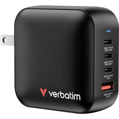 Caricabatterie nero Verbatim con quattro porte USB sul lato destro, adatto per la ricarica rapida di diversi dispositivi.