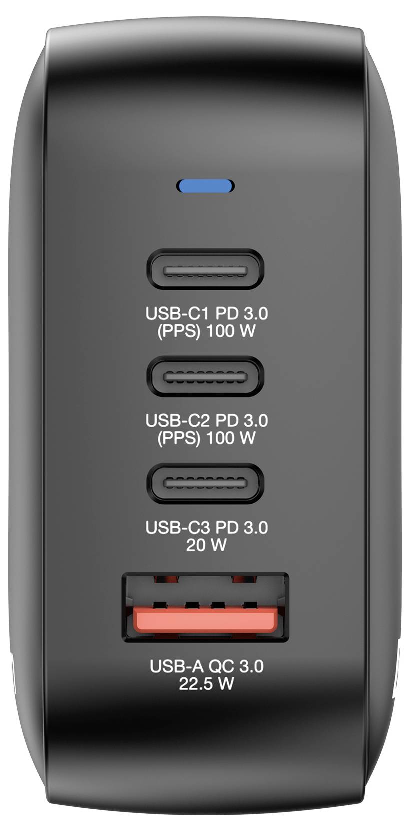 Un caricabatterie nero con quattro porte: tre porte USB-C, due da 100 W e una da 20 W, oltre a una porta USB-A da 22,5 W.