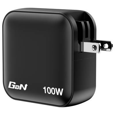 Un caricabatterie nero in GaN da 100W con spina pieghevole, adatto per una ricarica rapida ed efficiente.