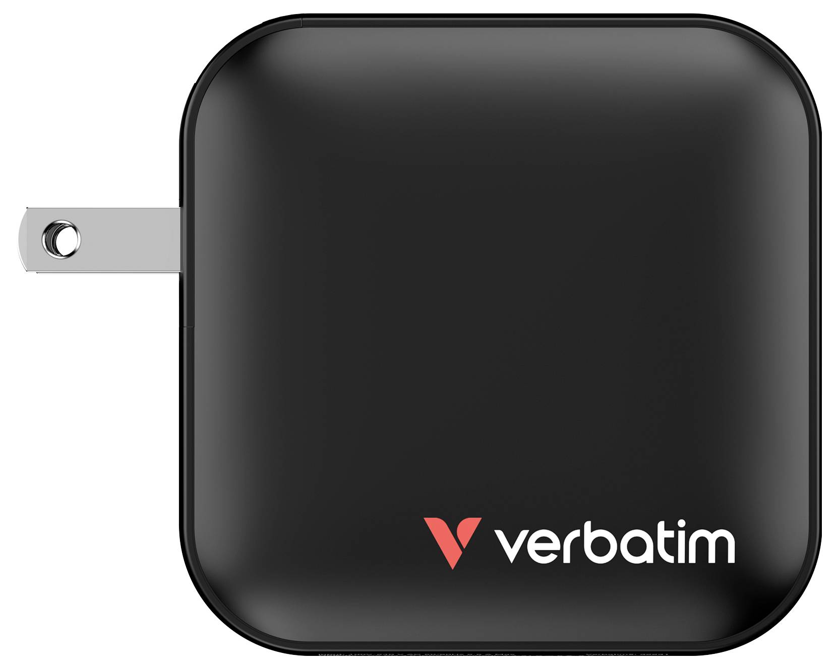 Caricabatterie nero con spine elettriche nascoste, logo Verbatim posizionato centralmente. Forma rettangolare, design compatto.