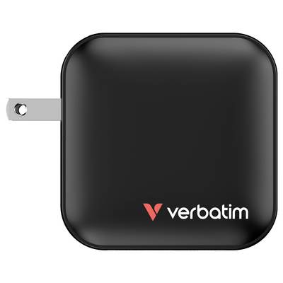 Caricabatterie nero con spine elettriche nascoste, logo Verbatim posizionato centralmente. Forma rettangolare, design compatto.