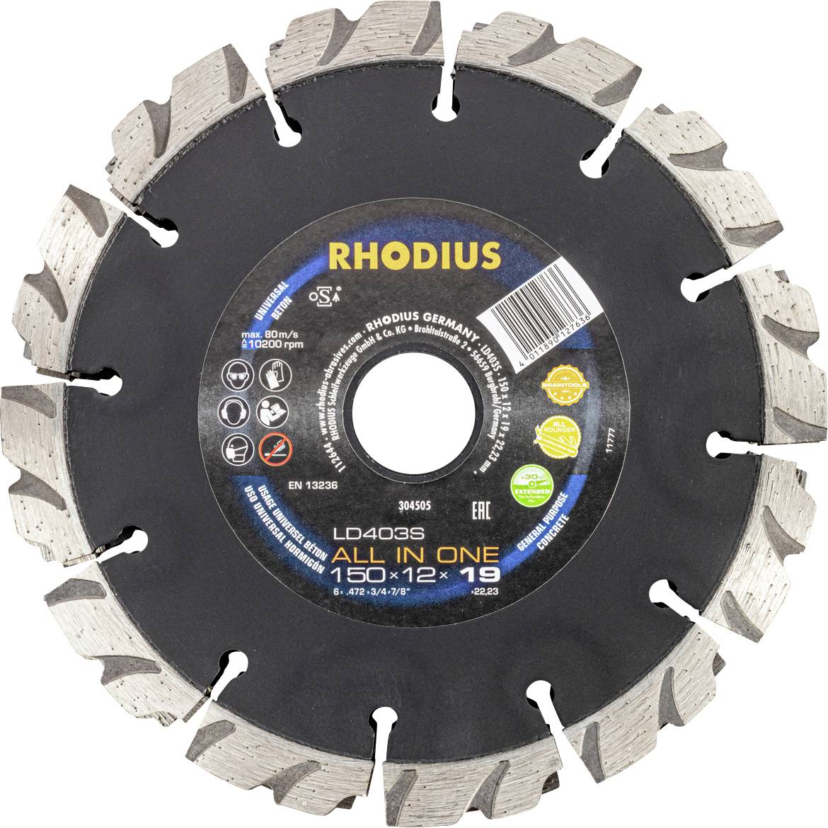 Un disco di sega circolare scuro con denti metallici argentati. Al centro è riportato 'RHODIUS' e 'LD403S ALL IN ONE 150 x 12 x 19'.