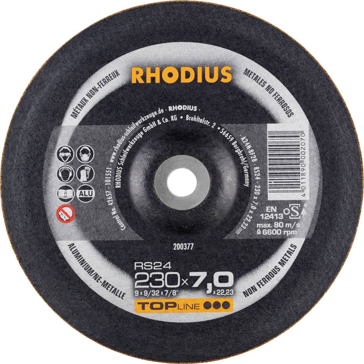 Disco abrasivo con scritta 'RHODIUS', diametro 230mm, spessore 7mm, idoneo per alluminio e metalli non ferrosi.