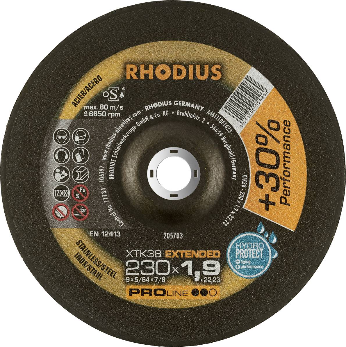 'RHODIUS XT38' Disco da taglio per metallo, 230 x 1,9 mm. Prodotta in Germania, offre +30% di prestazioni ed è adatta all'acciaio inossidabile.