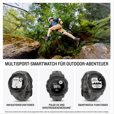 Un uomo salta tra le rocce nel bosco. Sotto, tre immagini di smartwatch con i testi: 'Funzioni di navigazione', 'Misurazione Pulse OX e frequenza cardiaca', 'Funzioni smartwatch'.