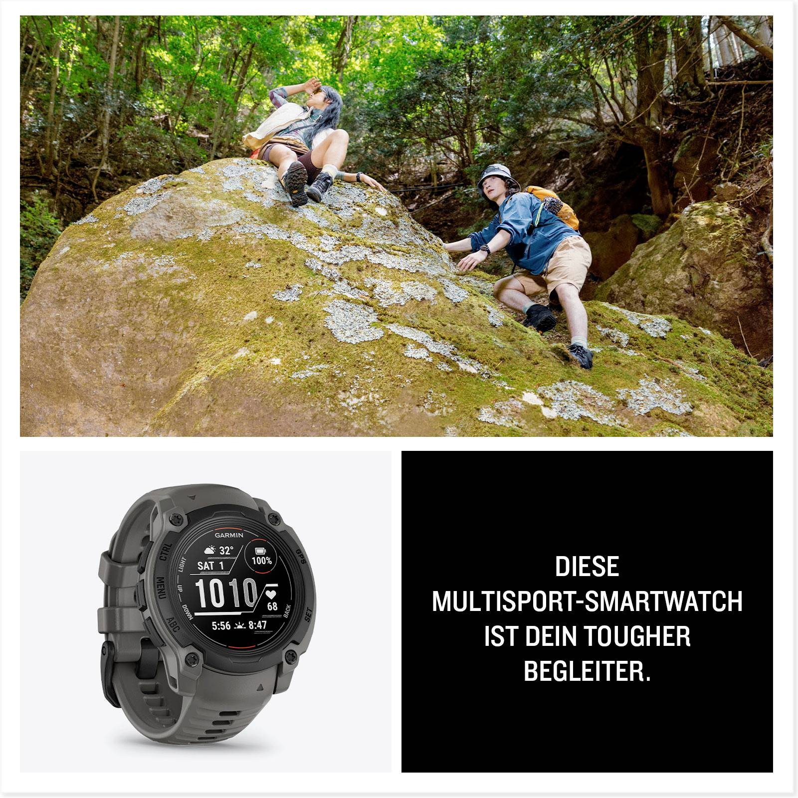 In alto: Due persone che fanno escursionismo su una roccia nel bosco. In basso a sinistra: Display di uno smartwatch multisport. In basso a destra: 'Questo smartwatch multisport è il tuo compagno resistente.'