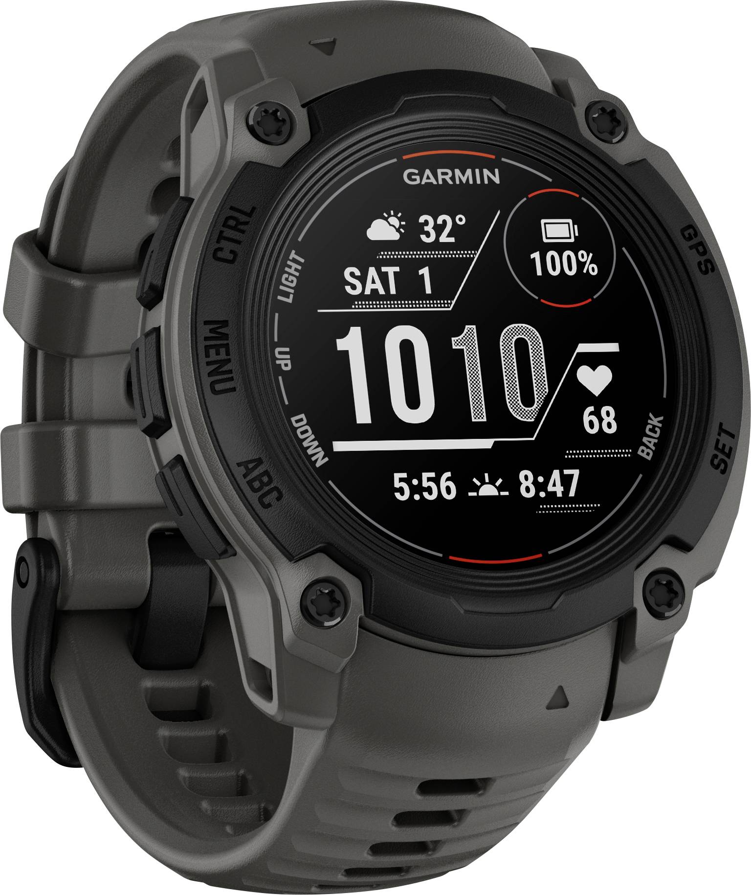 Smartwatch in nero, mostra '10:10', data 'Sab 1', temperatura '32°C', batteria '100%', frequenza cardiaca '68 bpm', alba e tramonto.