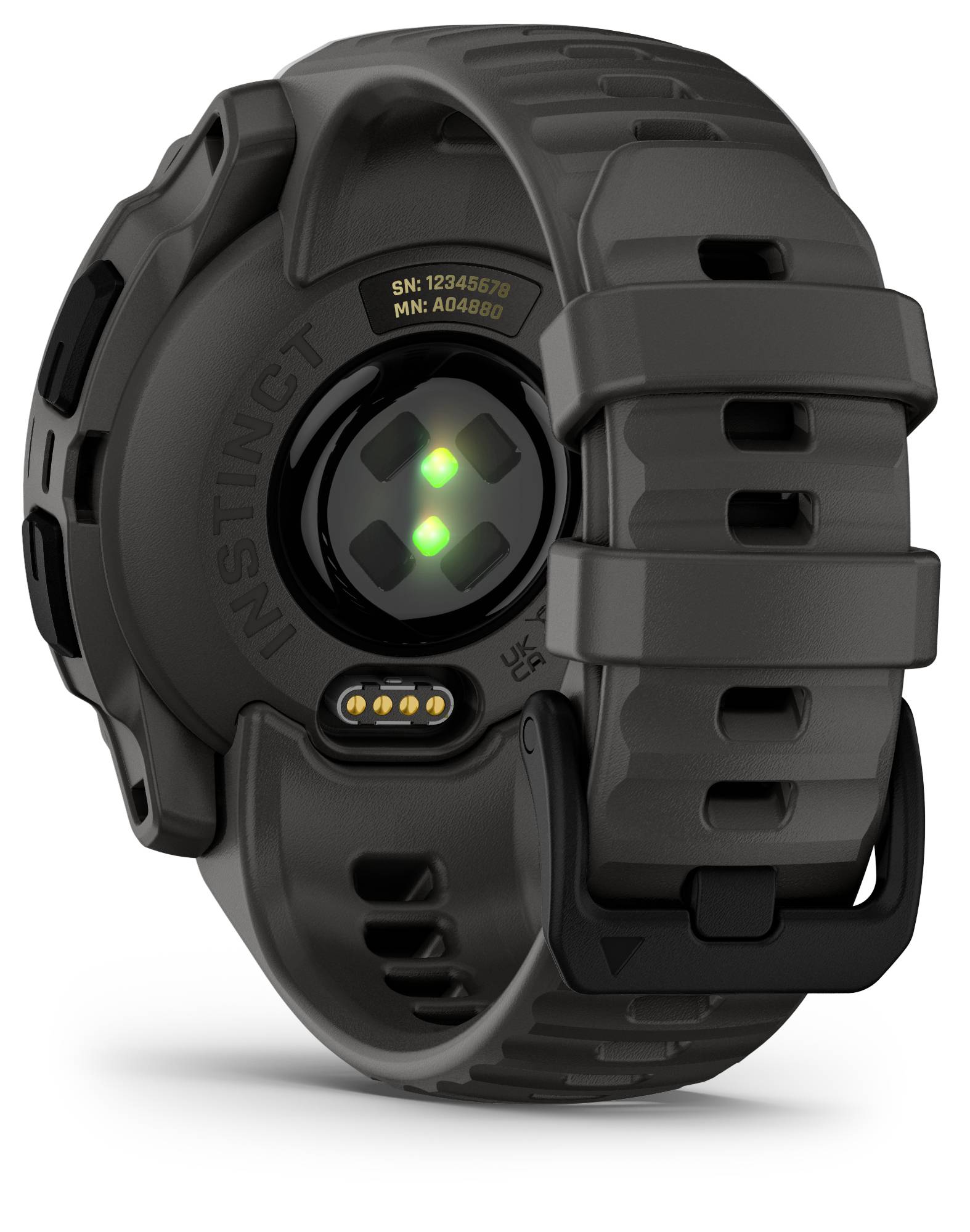 Vista posteriore di uno smartwatch nero con design robusto e sensori LED verdi sul retro per la misurazione della frequenza cardiaca.