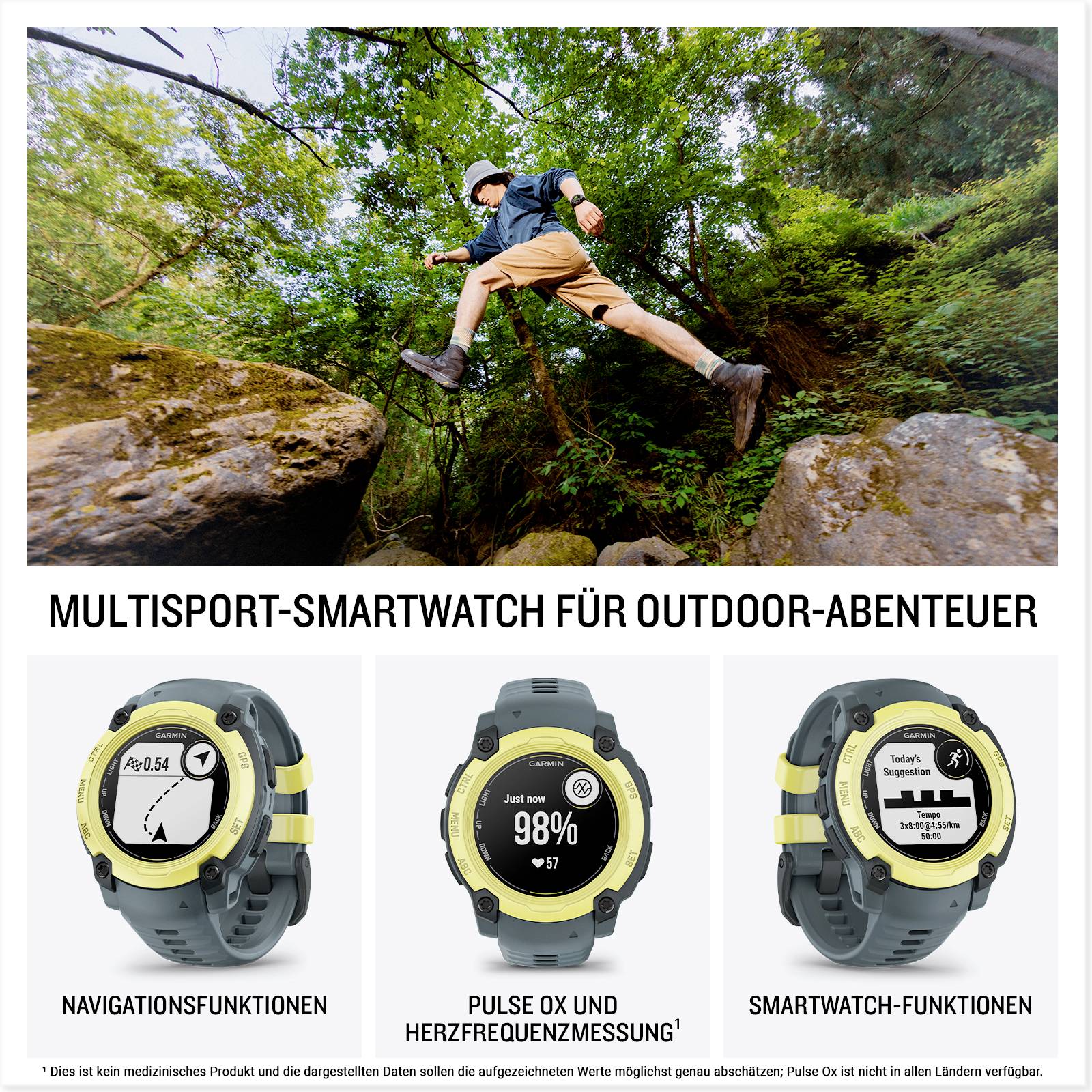 Un uomo con abbigliamento da escursionismo salta tra le rocce in un bosco. Sotto sono raffigurate tre smartwatch con le funzioni di navigazione, frequenza cardiaca e funzionalità smartwatch.